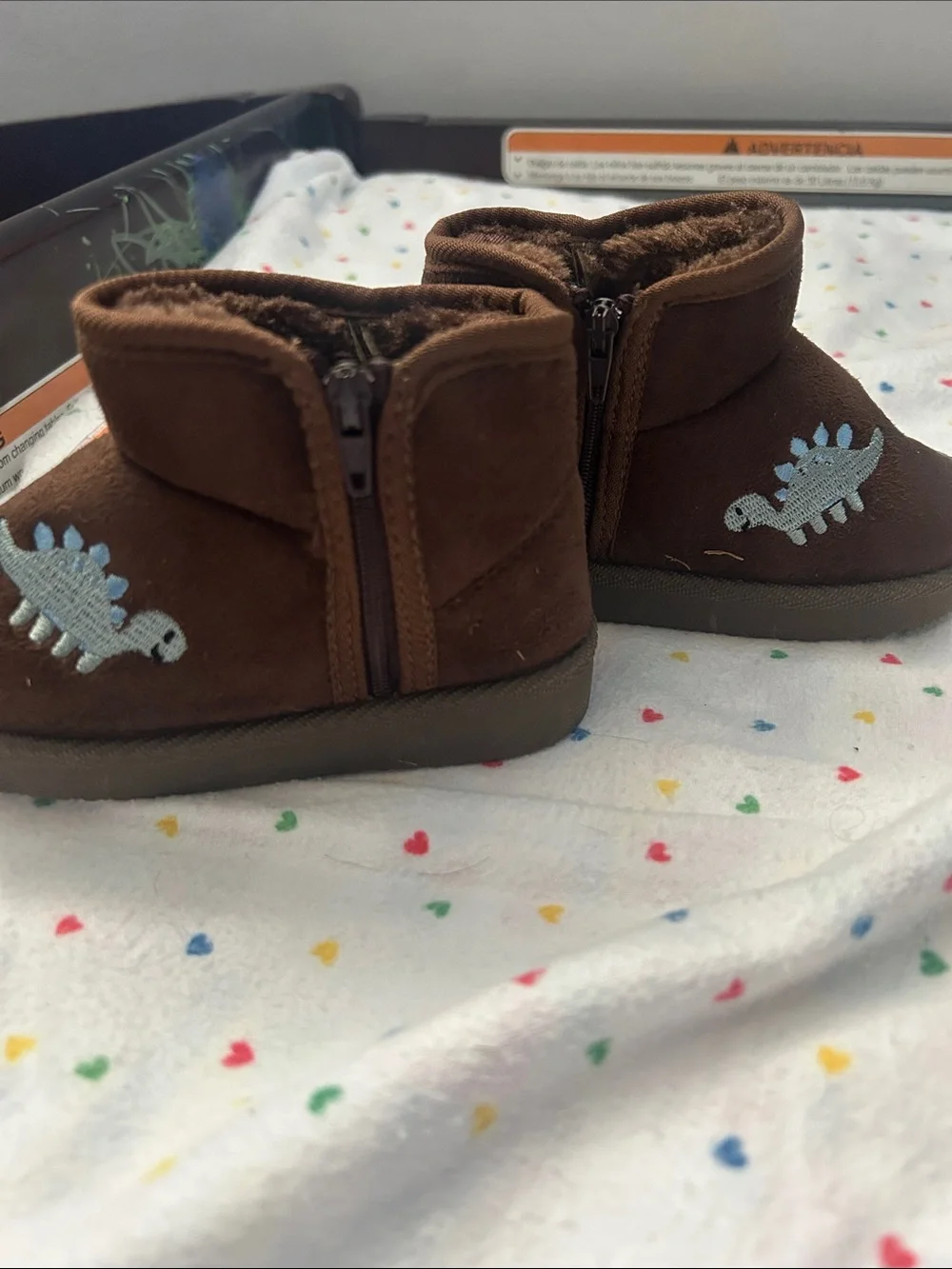 Brown Dino Embroidered Kids Booties - Cozy Slip-On Boots